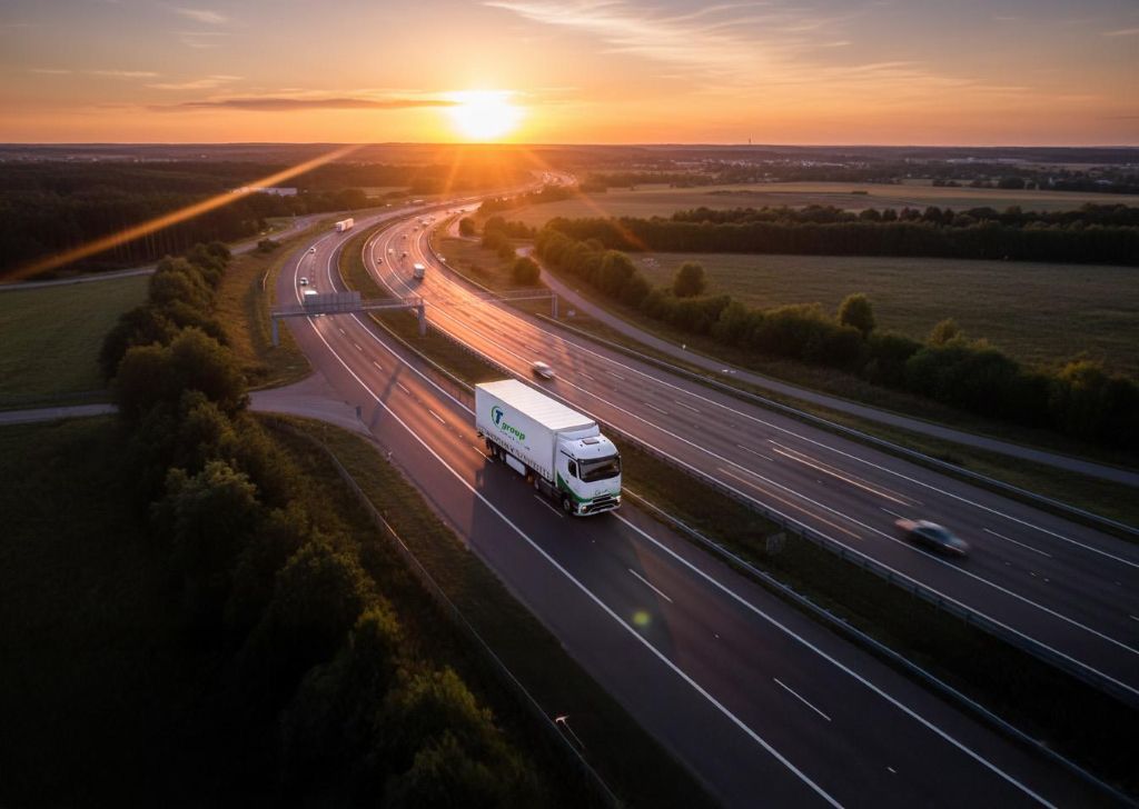 Camion T group sull'autostrada al tramonto